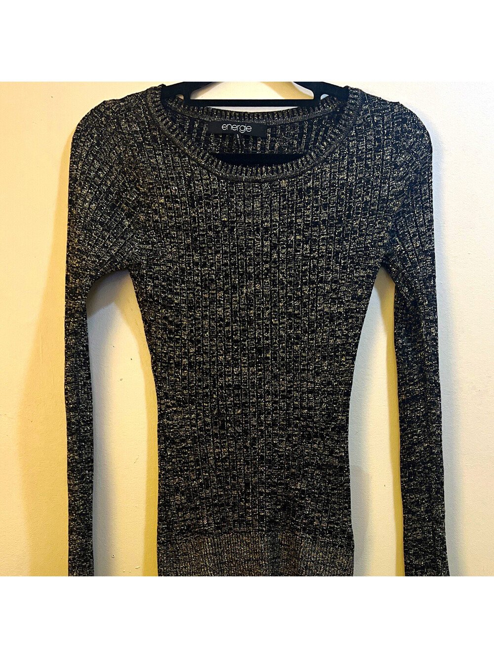 Y2K Energie Black/Silver Metallic Knit Crew Neck Long Sleeve Pullover Sweater S